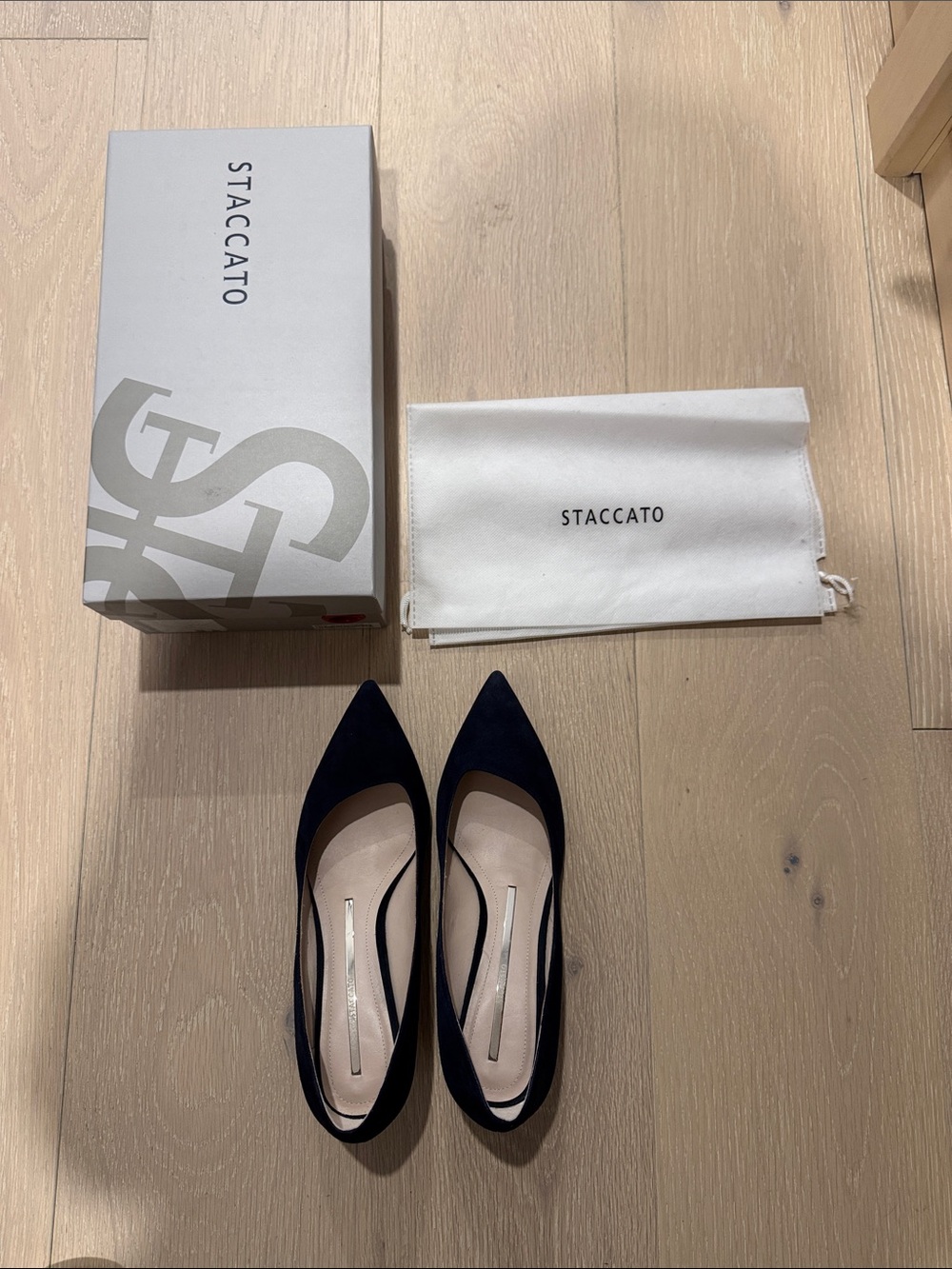 Staccato Navy Pointed-Toe Suede Flats